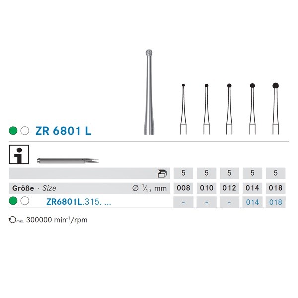 ZR6801L.314 Fresa Turbina Diamante para Circonio Komet 5 Uds